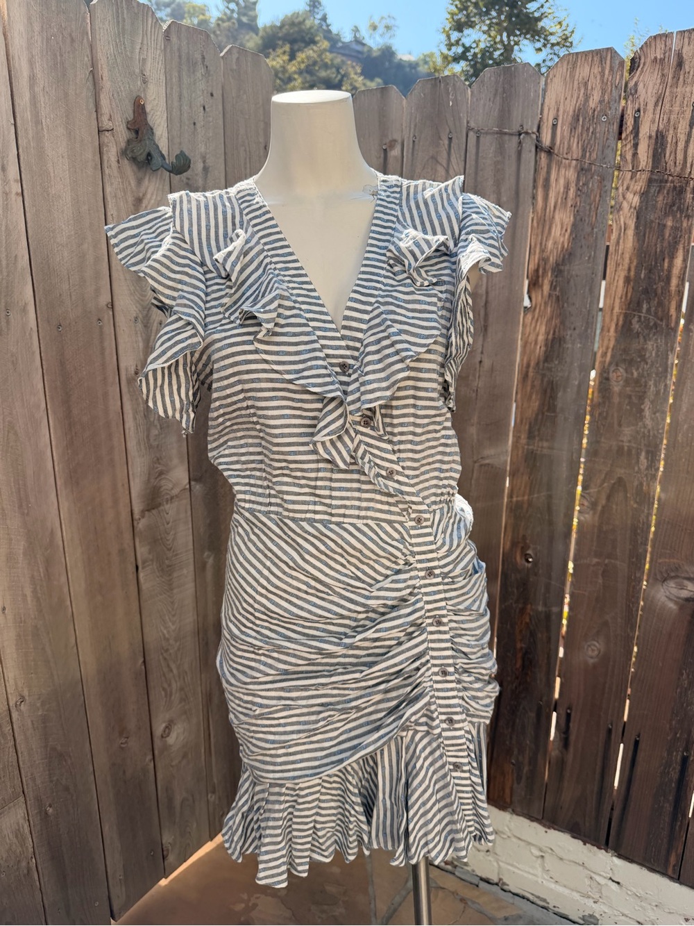 Veronica Beard Kai Striped Ruffle Button-Front Mini Dress in Blue & White - Picture 3 of 13